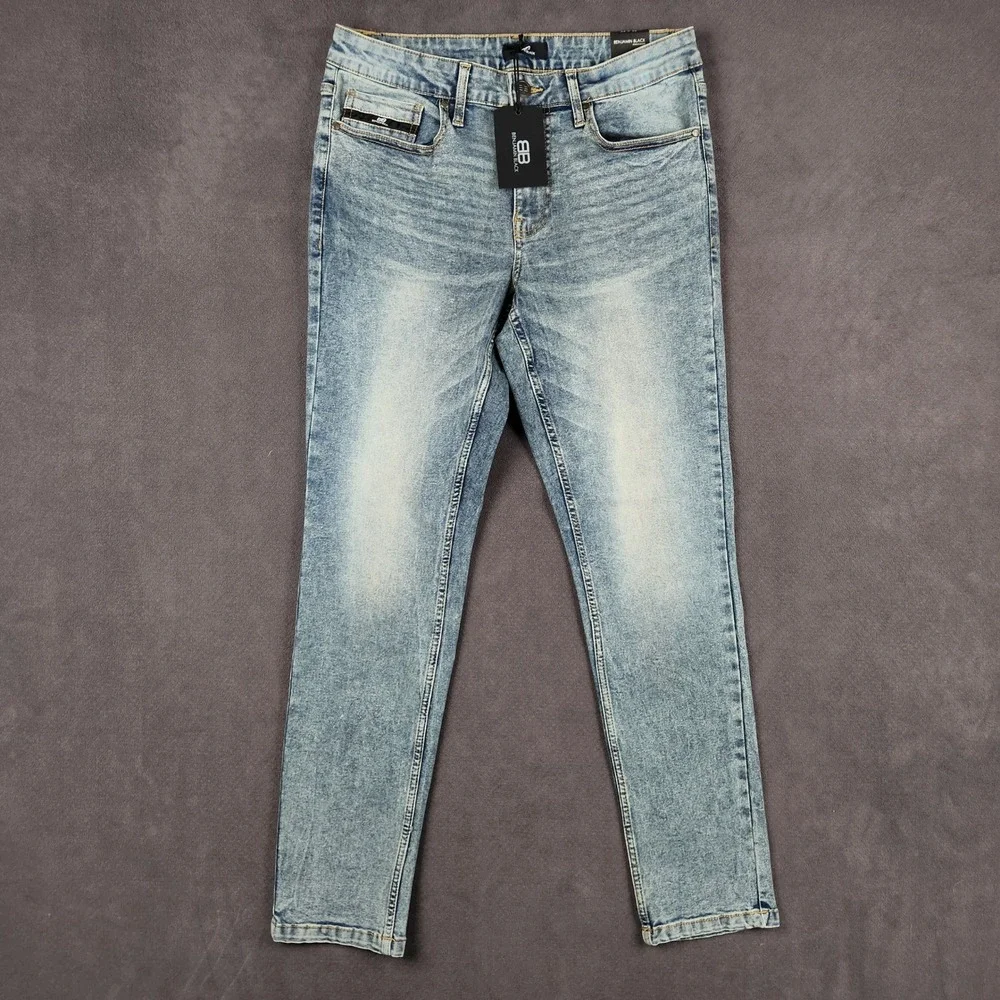 Benjamin Black Slim Fit Jeans Mens 32x32 Blue Faded Acid Wash Stretch Denim NEW‎